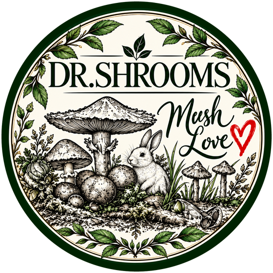 Dr.Shrooms Mush Love logo: engraved mushrooms and a rabbit in a green-bordered roundel